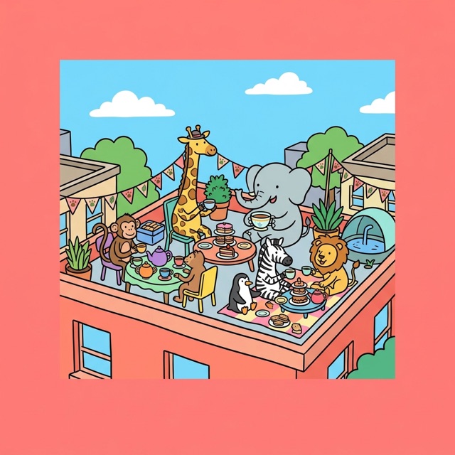 Animals having tea on a rooftop