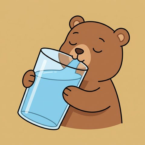 A bear drinking from a giant glass of water