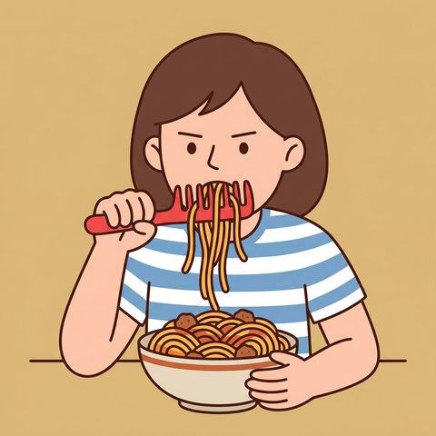 A girl eating spaghetti with a comb