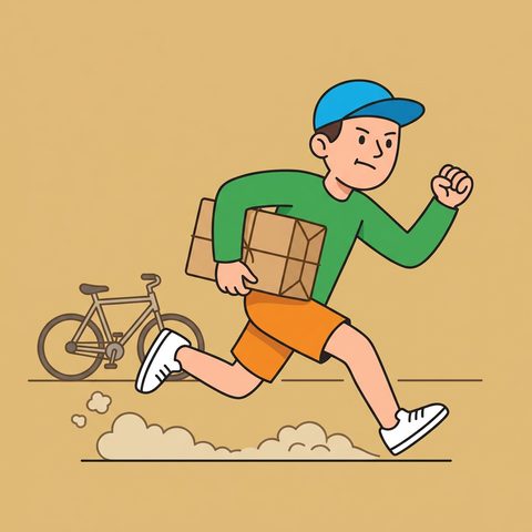 A courier running with a parcel, his bike left behind