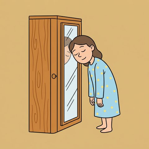 A girl asleep standing up against a mirrored wardrobe door