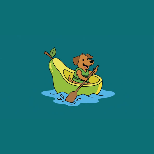 A dog rowing a boat carved from a pear