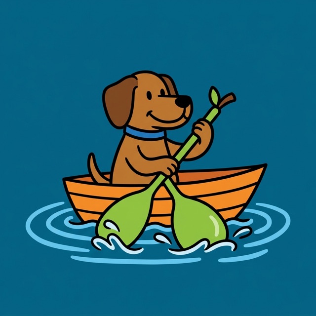 A dog rowing a pear-shaped boat